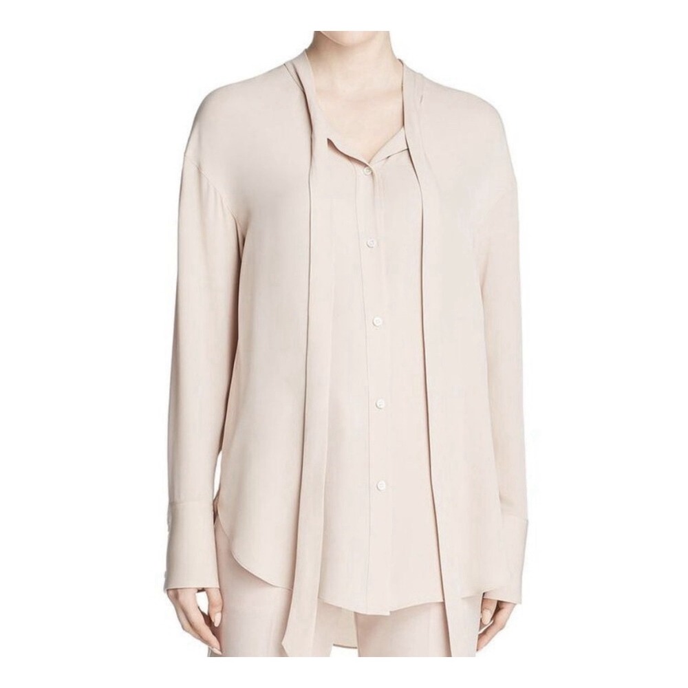 Theory Womens Weekender 100% Silk Tie Neck Button Blouse Georgette Blush Pink XL
